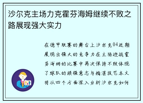 沙尔克主场力克霍芬海姆继续不败之路展现强大实力