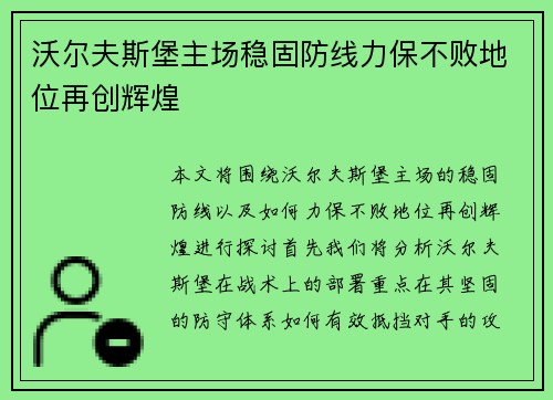 沃尔夫斯堡主场稳固防线力保不败地位再创辉煌