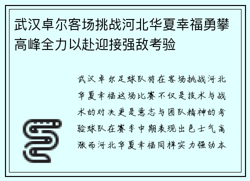 武汉卓尔客场挑战河北华夏幸福勇攀高峰全力以赴迎接强敌考验