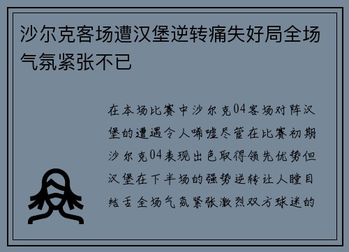 沙尔克客场遭汉堡逆转痛失好局全场气氛紧张不已
