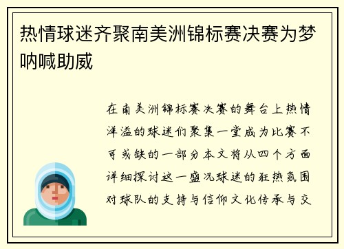 热情球迷齐聚南美洲锦标赛决赛为梦呐喊助威