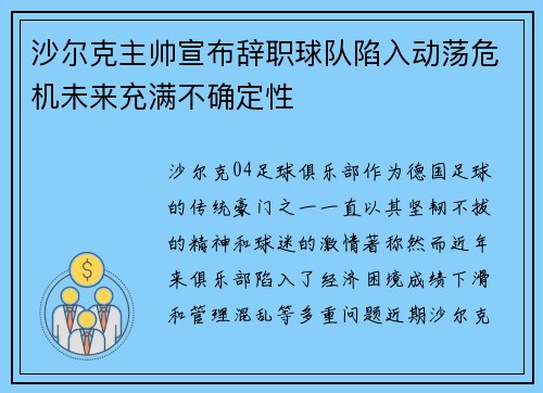 沙尔克主帅宣布辞职球队陷入动荡危机未来充满不确定性