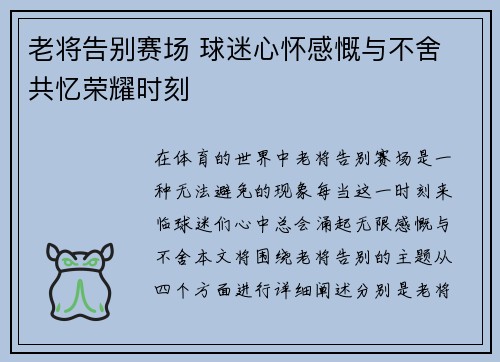 老将告别赛场 球迷心怀感慨与不舍 共忆荣耀时刻