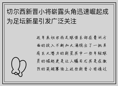 切尔西新晋小将崭露头角迅速崛起成为足坛新星引发广泛关注