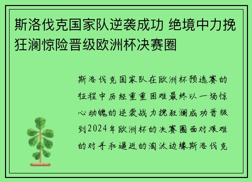 斯洛伐克国家队逆袭成功 绝境中力挽狂澜惊险晋级欧洲杯决赛圈
