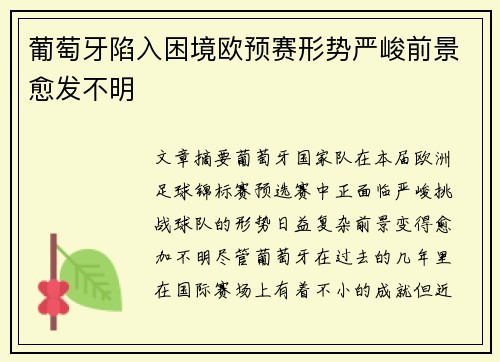 葡萄牙陷入困境欧预赛形势严峻前景愈发不明