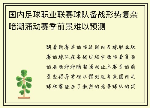 国内足球职业联赛球队备战形势复杂暗潮涌动赛季前景难以预测