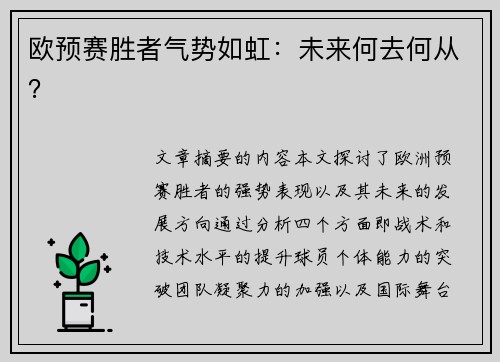 欧预赛胜者气势如虹：未来何去何从？