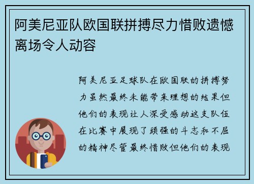 阿美尼亚队欧国联拼搏尽力惜败遗憾离场令人动容