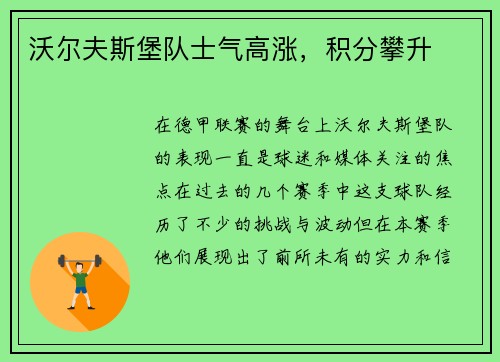 沃尔夫斯堡队士气高涨，积分攀升