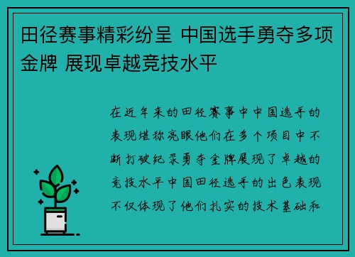 田径赛事精彩纷呈 中国选手勇夺多项金牌 展现卓越竞技水平