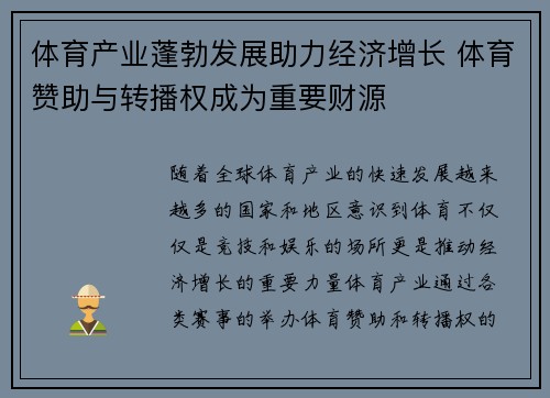 体育产业蓬勃发展助力经济增长 体育赞助与转播权成为重要财源