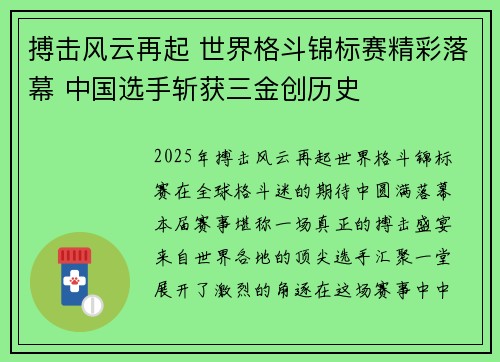 搏击风云再起 世界格斗锦标赛精彩落幕 中国选手斩获三金创历史
