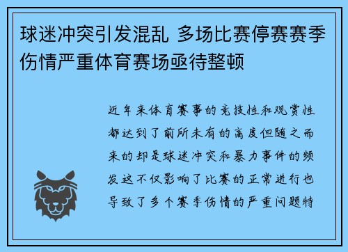 球迷冲突引发混乱 多场比赛停赛赛季伤情严重体育赛场亟待整顿